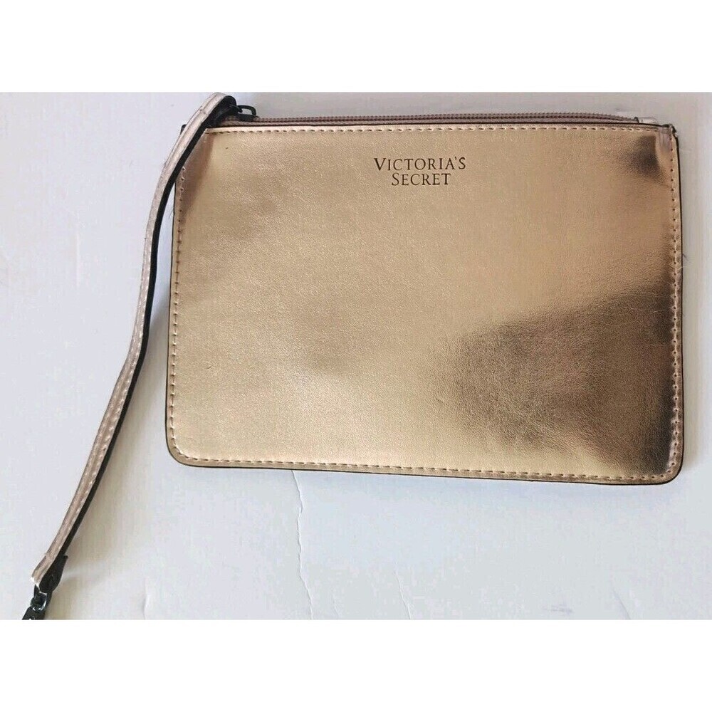 Victoria’s Secret Makeup Bag Case Metallic Rose Gold Zipper Attachable Strap New
